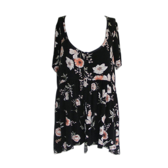 TORRID Top/Tunic, 1/1X, Black, Floral, Scoop neck, Short sleeves, Rayon - Picture 8 of 11